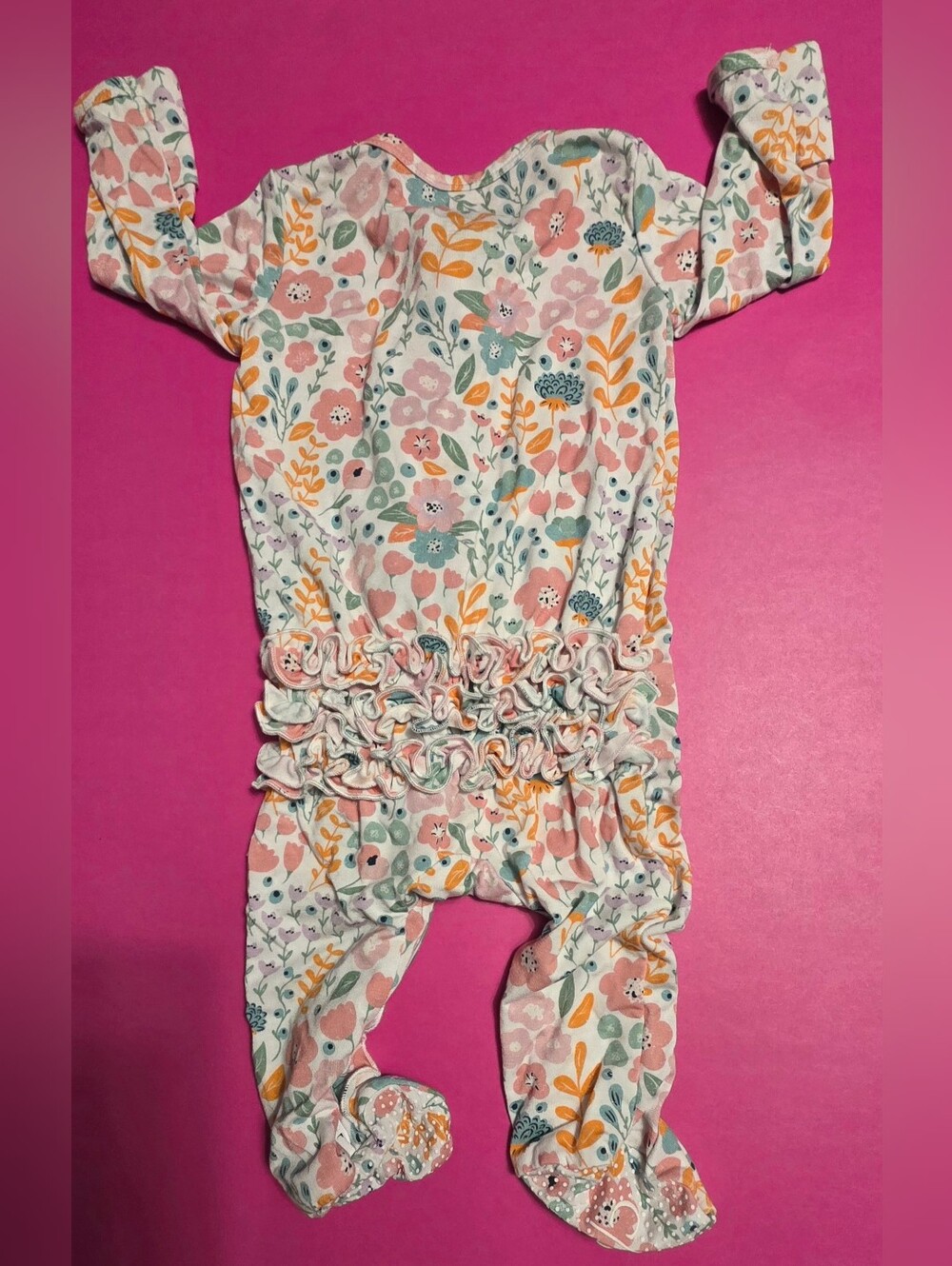 Caden Lane Pink Floral Ruffle Zip-Front Footie Pajamas - Picture 6 of 7